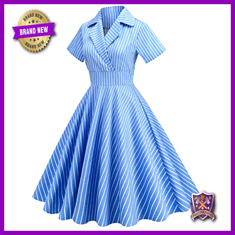 Vintage Notched Lapel Swing Dress Retro Cocktail Party Elegant Knee Length - Picture 3 of 7